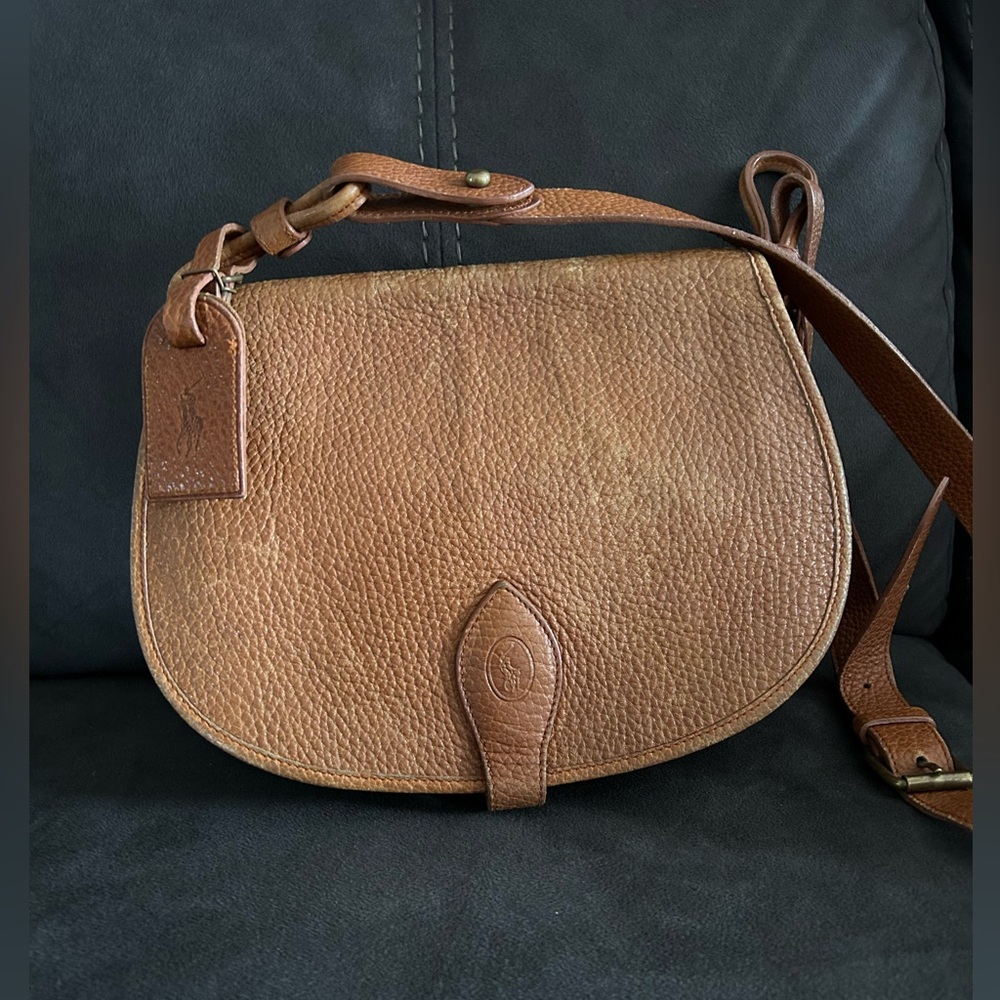 Polo Ralph Lauren Leather Crossbody Saddle Bag W/ ID Tag Cognac Made In Italy